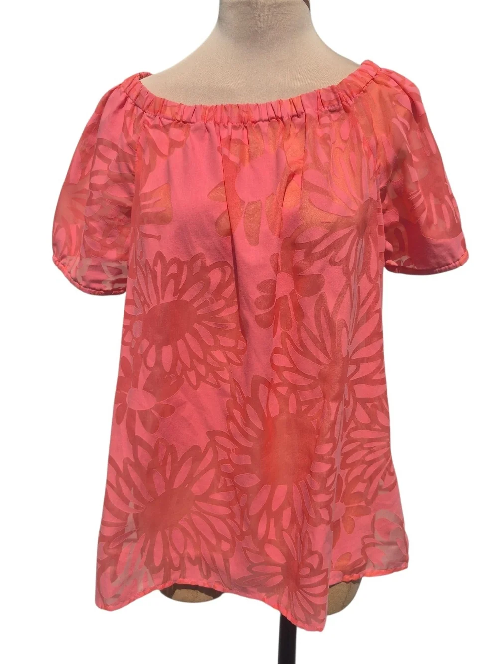 Lilly Pulitzer Coral Gigi Burnot Blouse Semi-Sheer Floral Size Medium